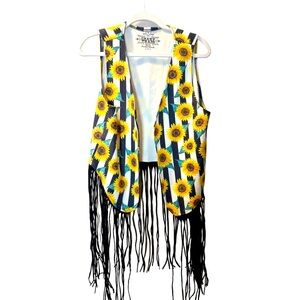 Crazy Train Sunflower Fringe Vest Yellow White Farm Western Women’s size Medium